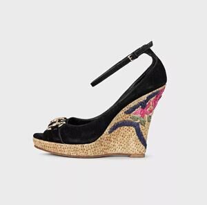 Gucci Black Suede Horsebit Wedge Sandals EU 37.5